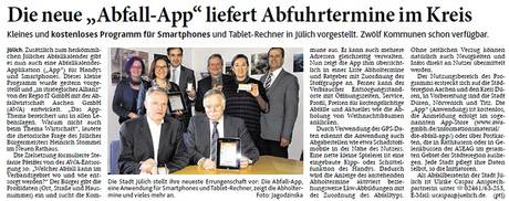 Ein Bericht zur neu eingeführten AbfallApp aus der Jülicher Zeitung/Jülicher Nachrichten vom 29.01.2014